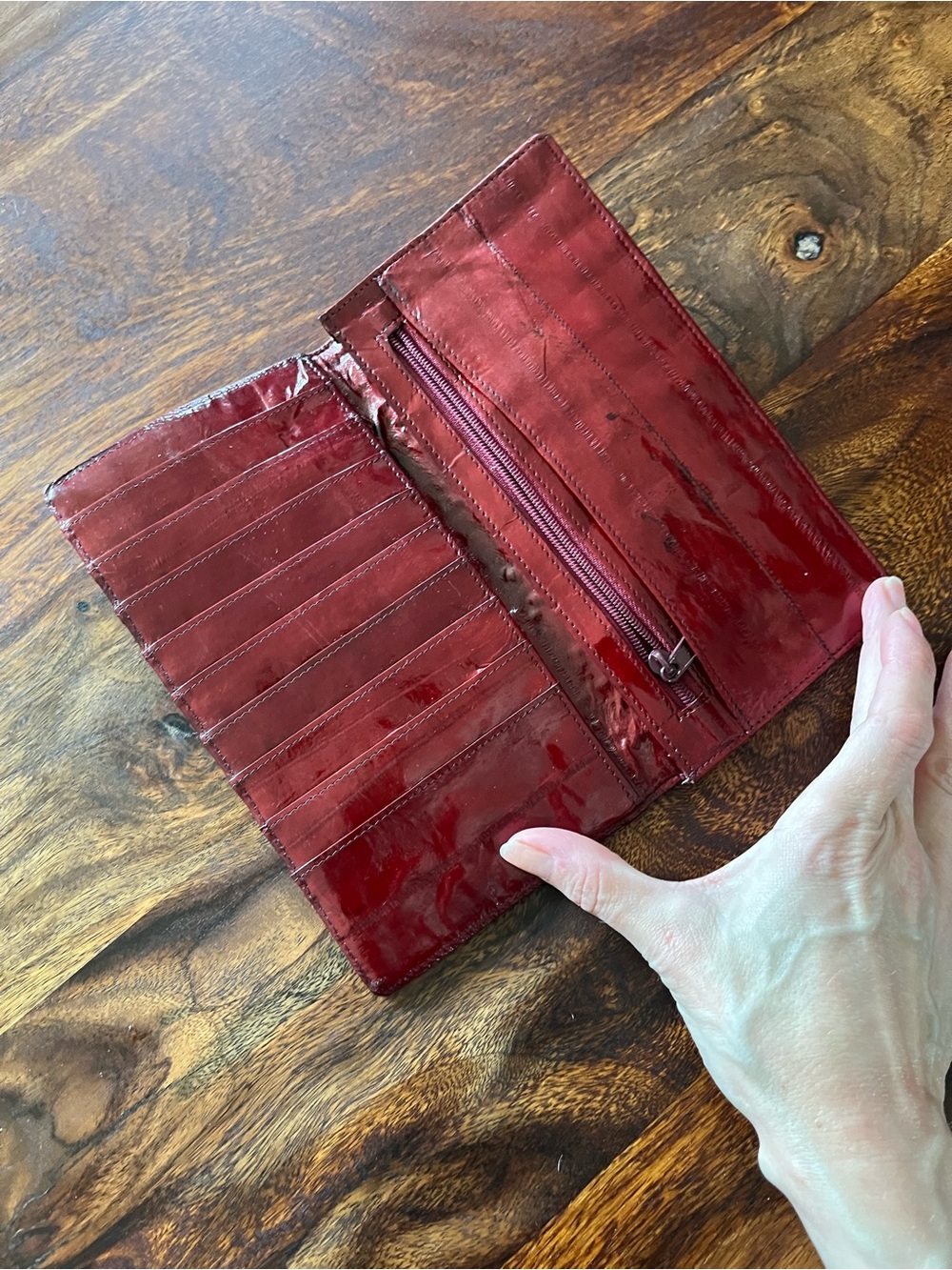 Vintage Eel Skin Wallet Red Bifold Long Exotic Leather Genuine Clutch Retro - Picture 5 of 15
